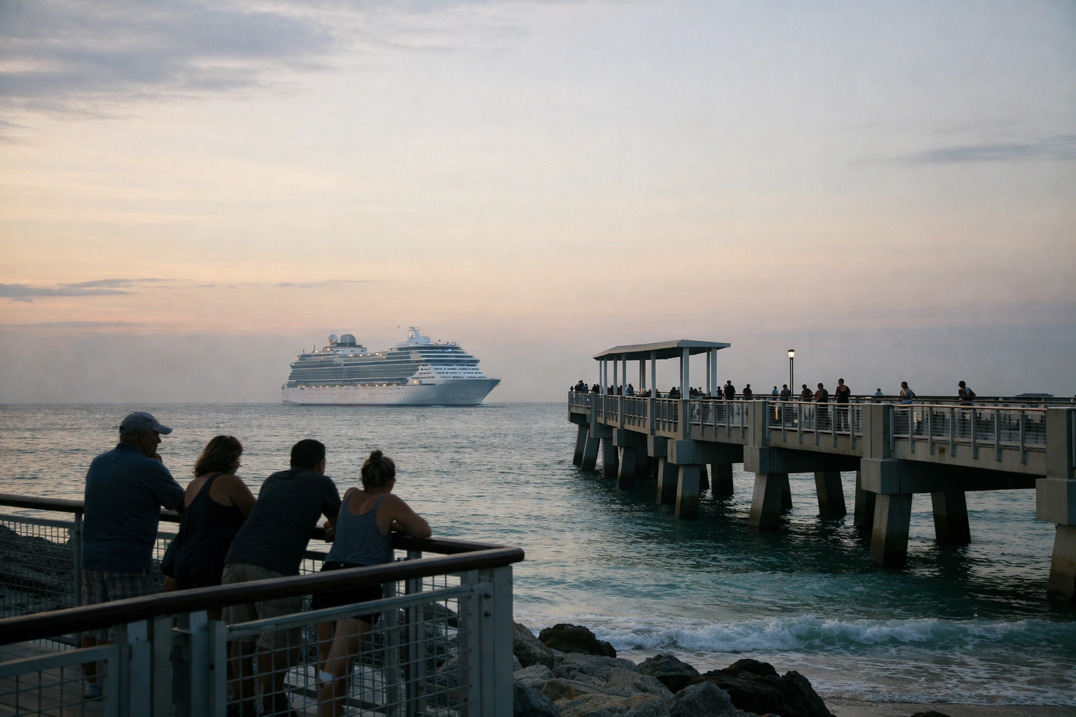 Golden hour view from South Pointe Park Pier, one of the best miami beaches for local scenery.