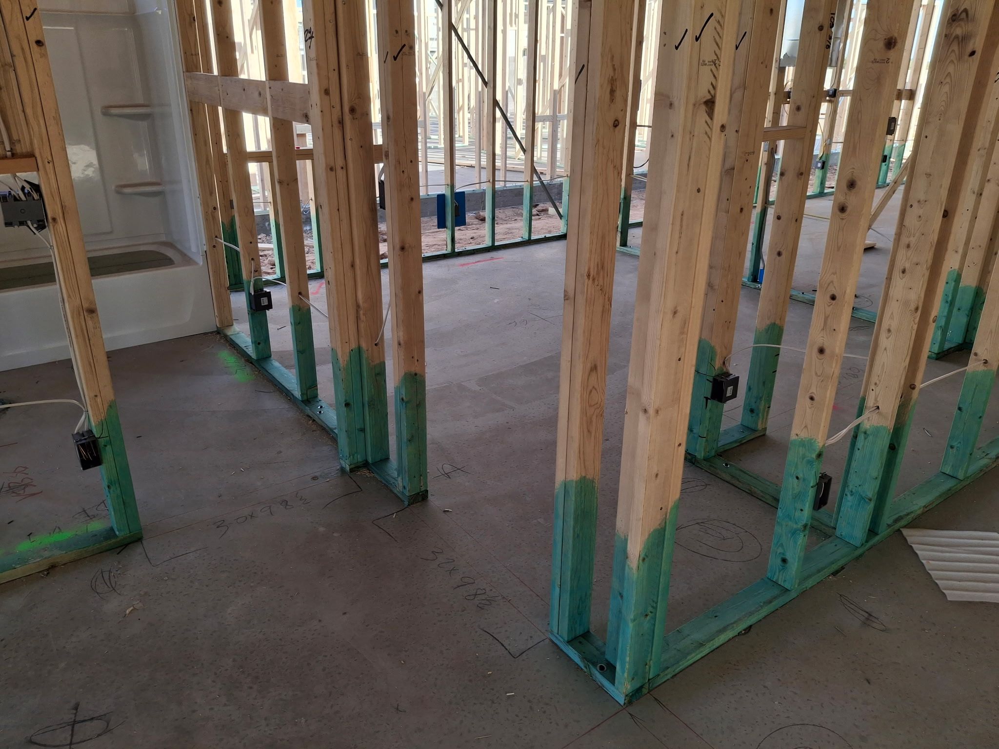 Exposed wood framing with green termite treatment applied for long-term protection