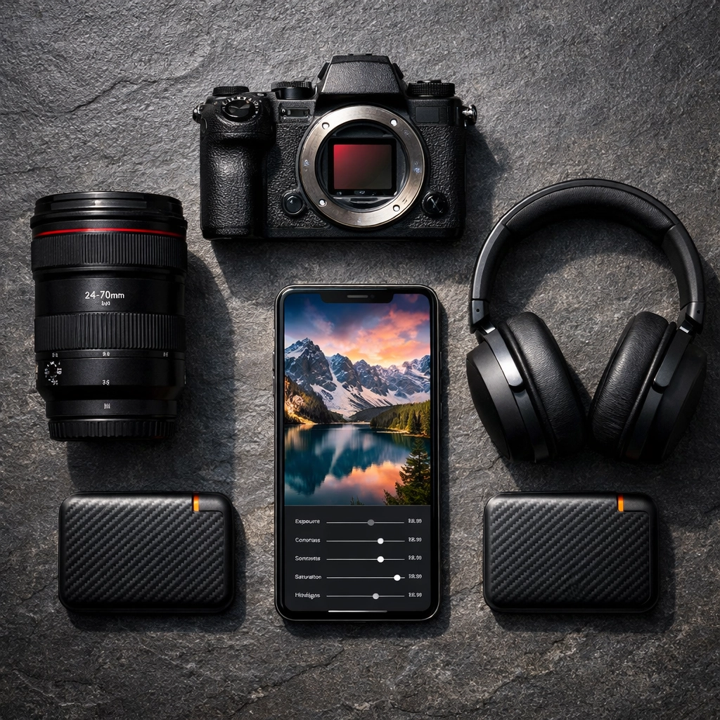 Flat lay of latest photography gear including a mirrorless camera and mobile photo editing software.