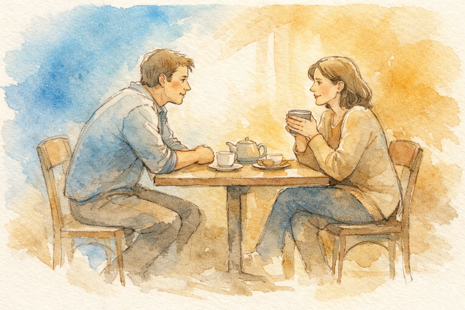 Two people in meaningful conversation at café demonstrating the power of genuine presence and active listening