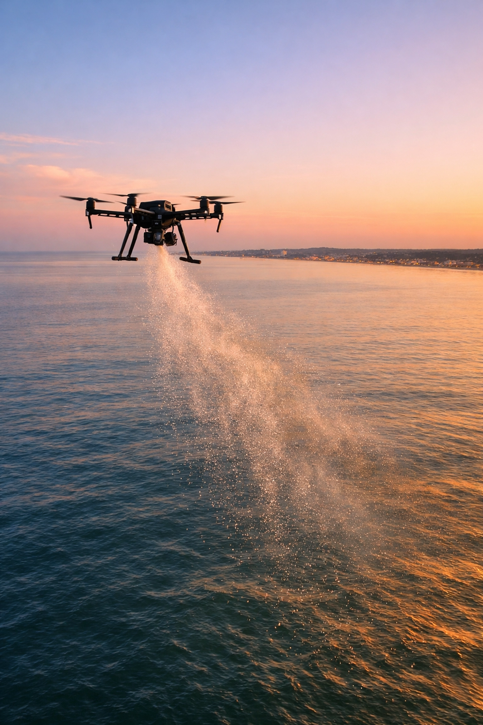Drone scattering ashes over Atlantic Ocean waters off New Jersey coast at golden hour