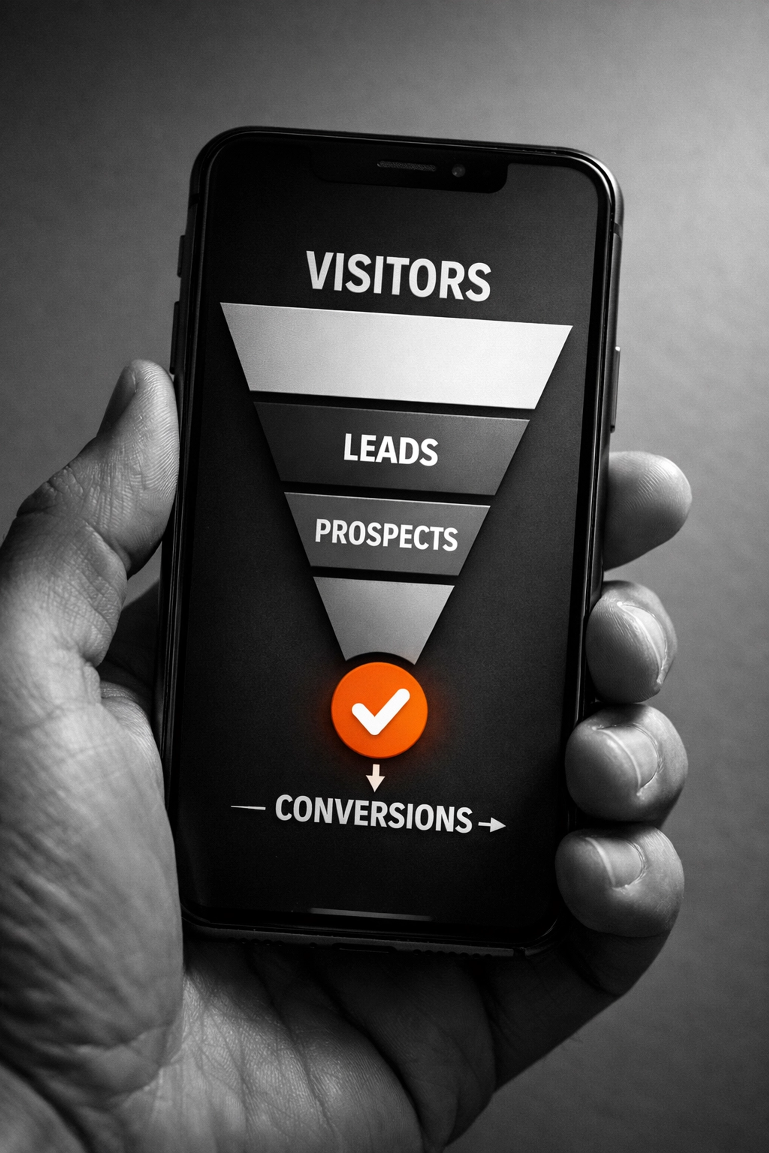 Smartphone showing conversion funnel stages from traffic to sales
