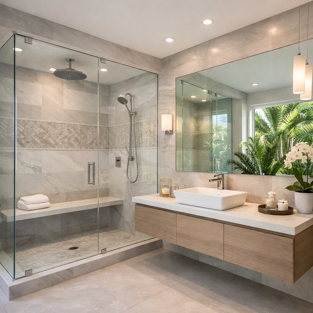 Modern spa-like bathroom renovation in Orlando with walk-in shower and contemporary tile