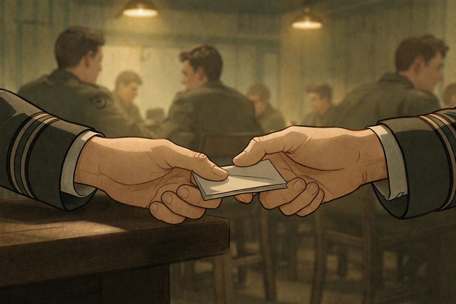 Two male hands discreetly exchanging a note in a dimly lit RAF mess hall, highlighting the secret language of love between pilots during the Battle of Britain.