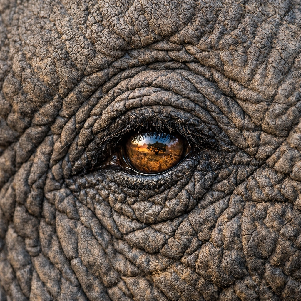 Close-up of an African elephant eye and textured skin for professional zoo stock photography.
