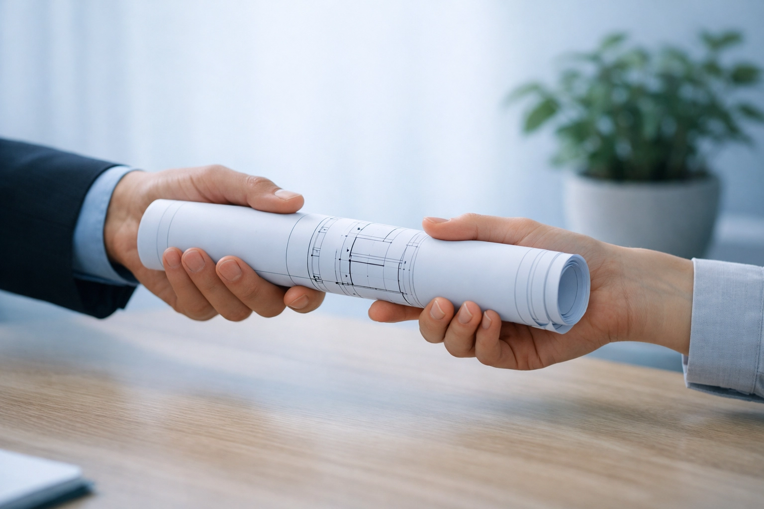Hands passing blueprints symbolizing leadership transition for an Alabama contracting business.