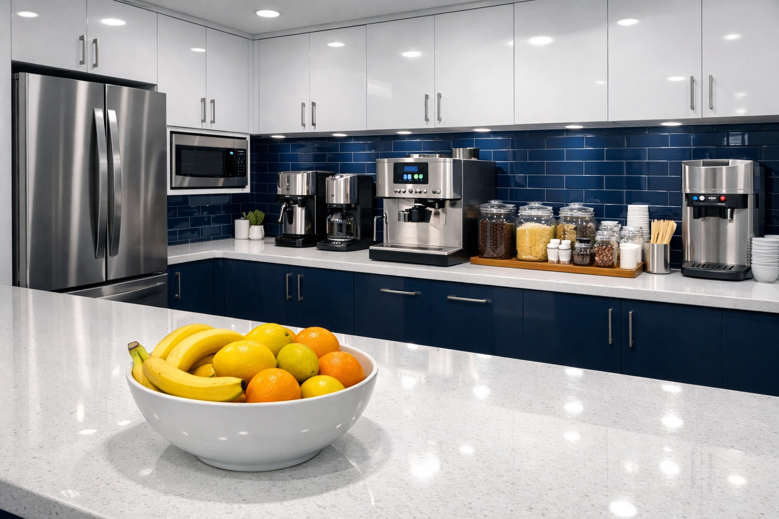 Spotless corporate breakroom in Natick with sanitized white countertops and a high standard of office hygiene.