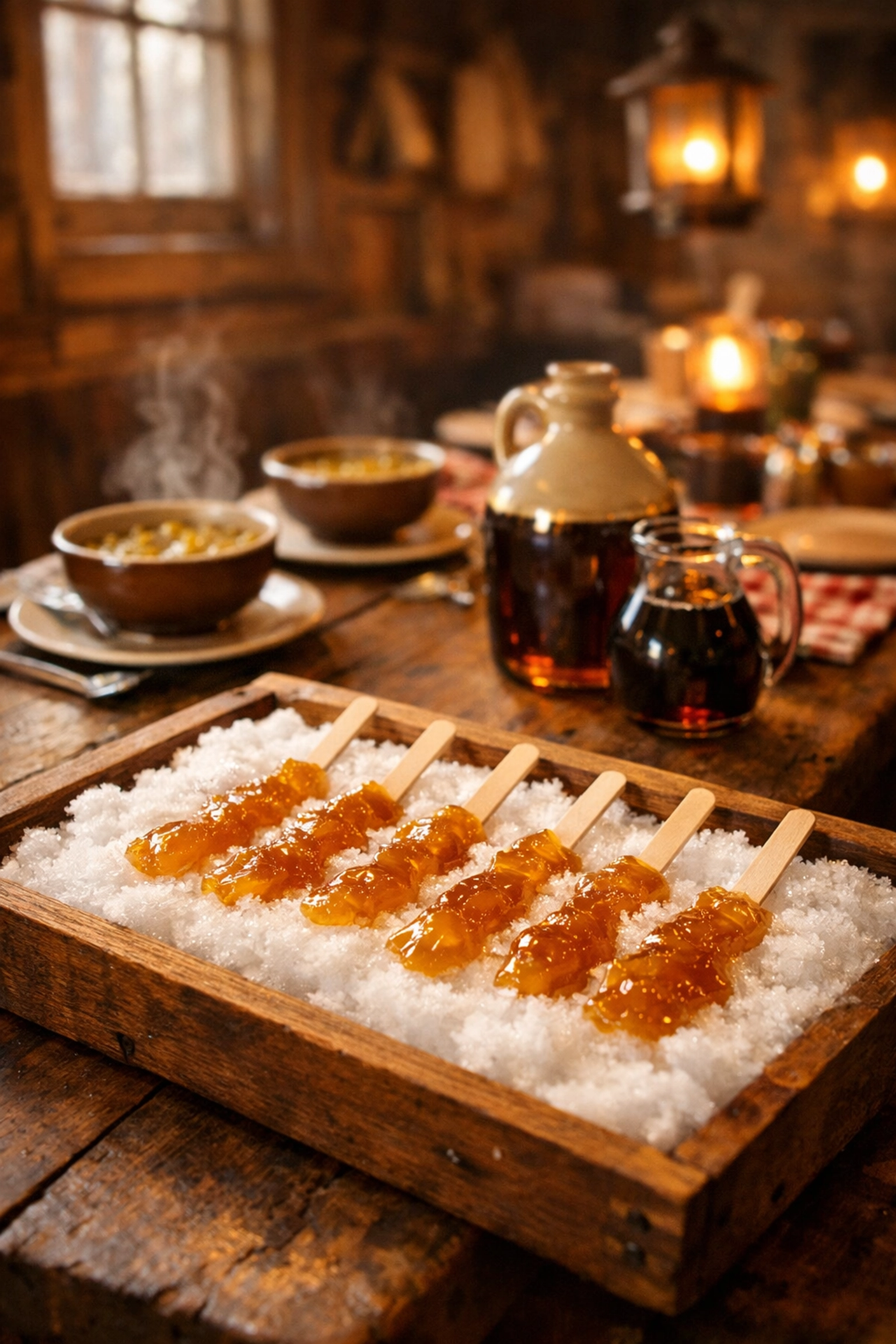 Traditional Quebec sugar shack interior featuring fresh maple taffy on snow and rustic pea soup.