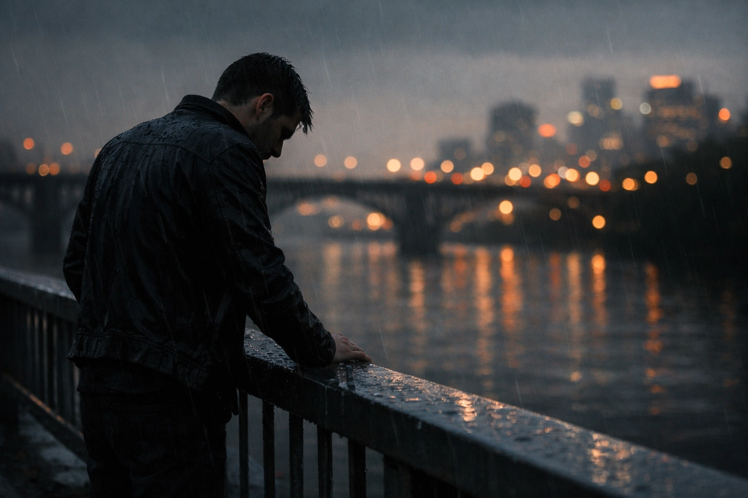A man stands alone on a rainy city bridge at twilight, symbolizing grief and loss in the aftermath of addiction.