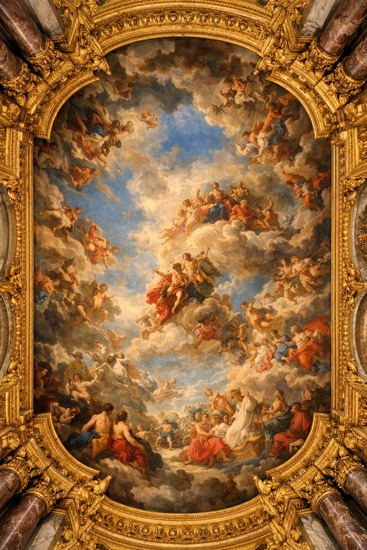 Ornate ceiling frescoes at the Palace of Versailles, a top photo spot for capturing art without crowds.