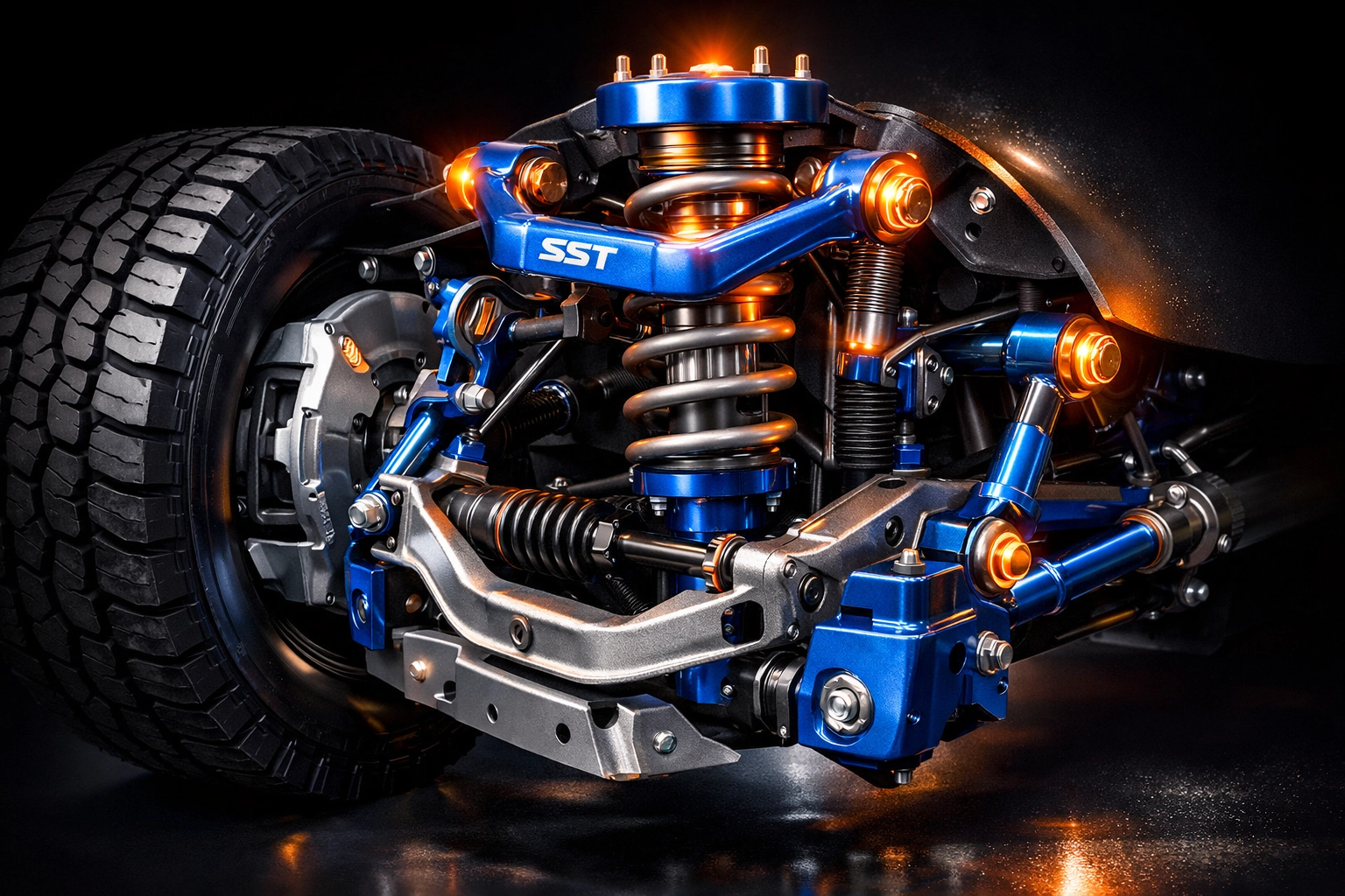 SST mid-lift suspension system with upper control arms and strut spacers installed