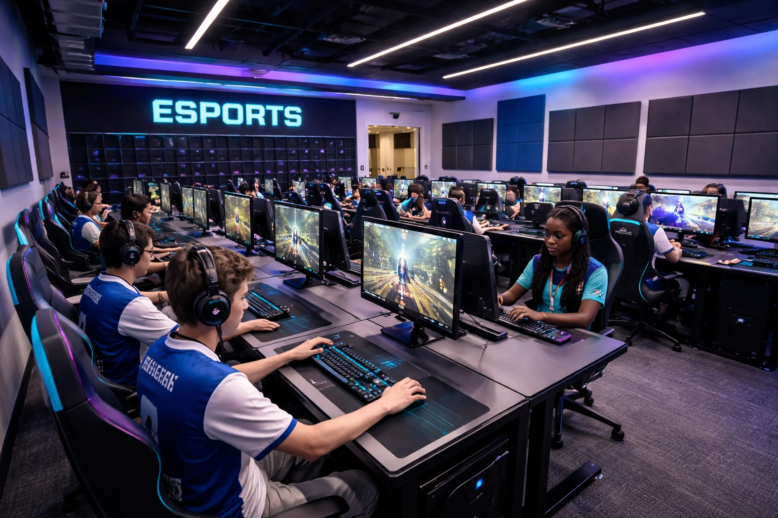 High school students compete in a modern esports lab with professional gaming stations and team jerseys, promoting STEM education.