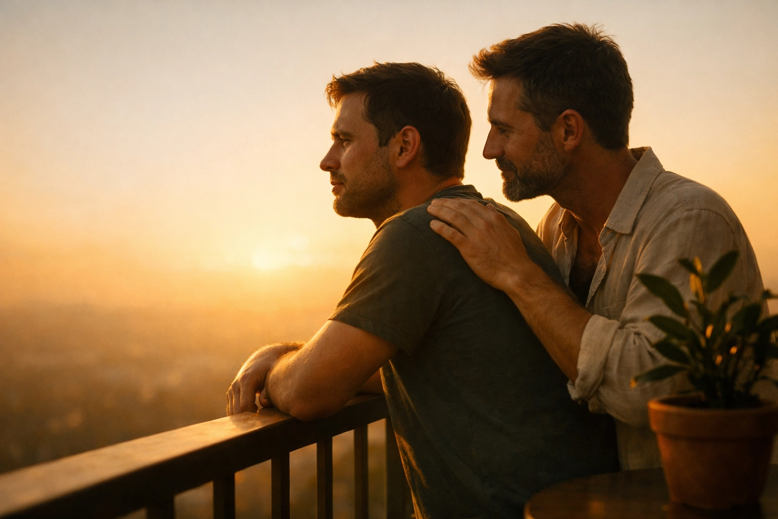 Two men sharing a quiet, romantic moment at sunset, reflecting themes of love and spirit in gay literature.