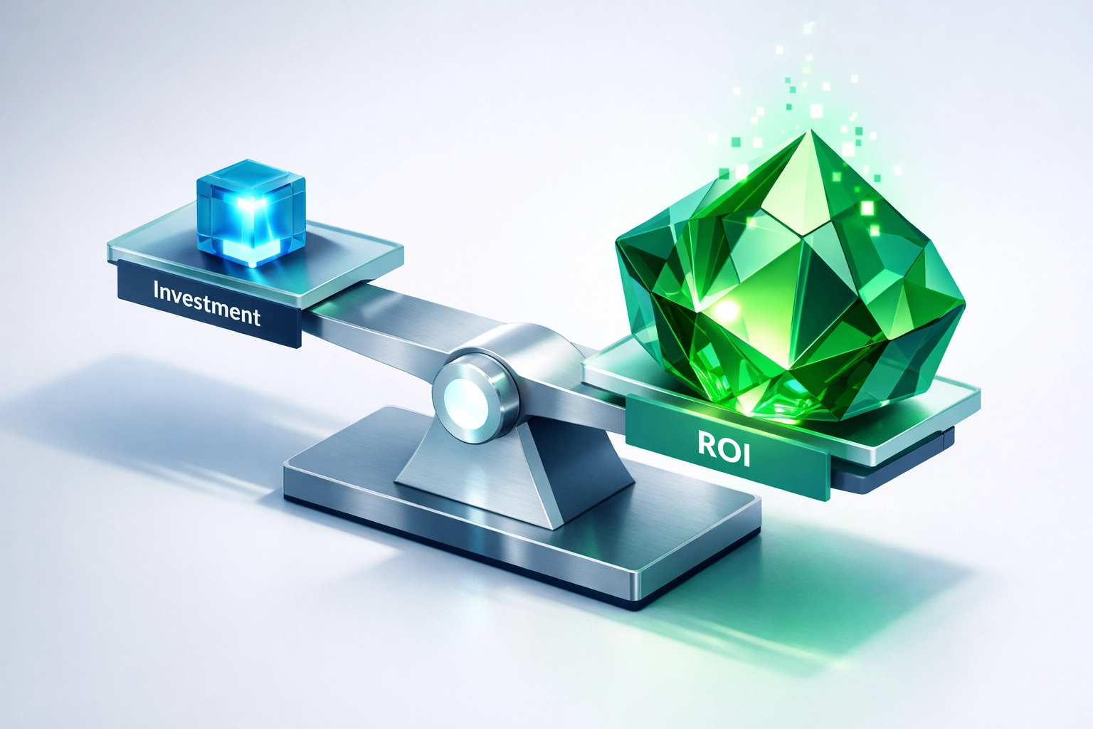 A futuristic balance scale showing high AI ROI outweighing initial investment costs for mid-market businesses.