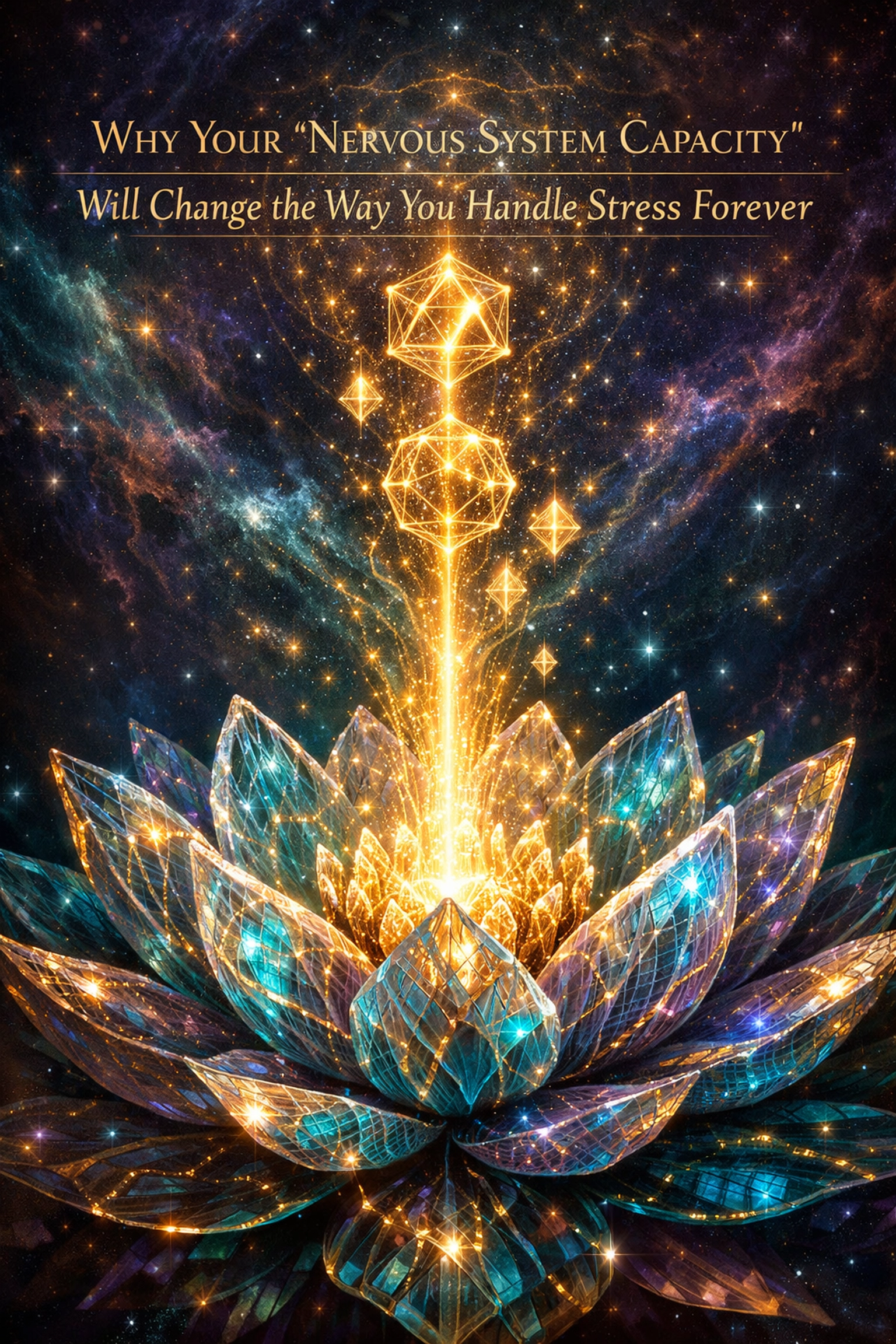 Blooming crystalline lotus with sacred geometry symbolizing nervous system healing and personal transformation.