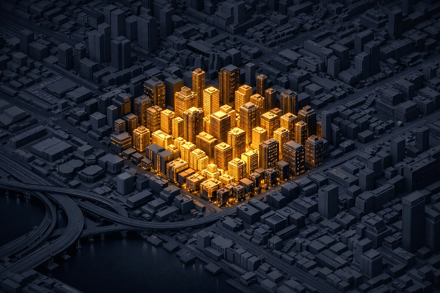 Strategic property management consolidation illustrated by a highlighted urban cluster of buildings.