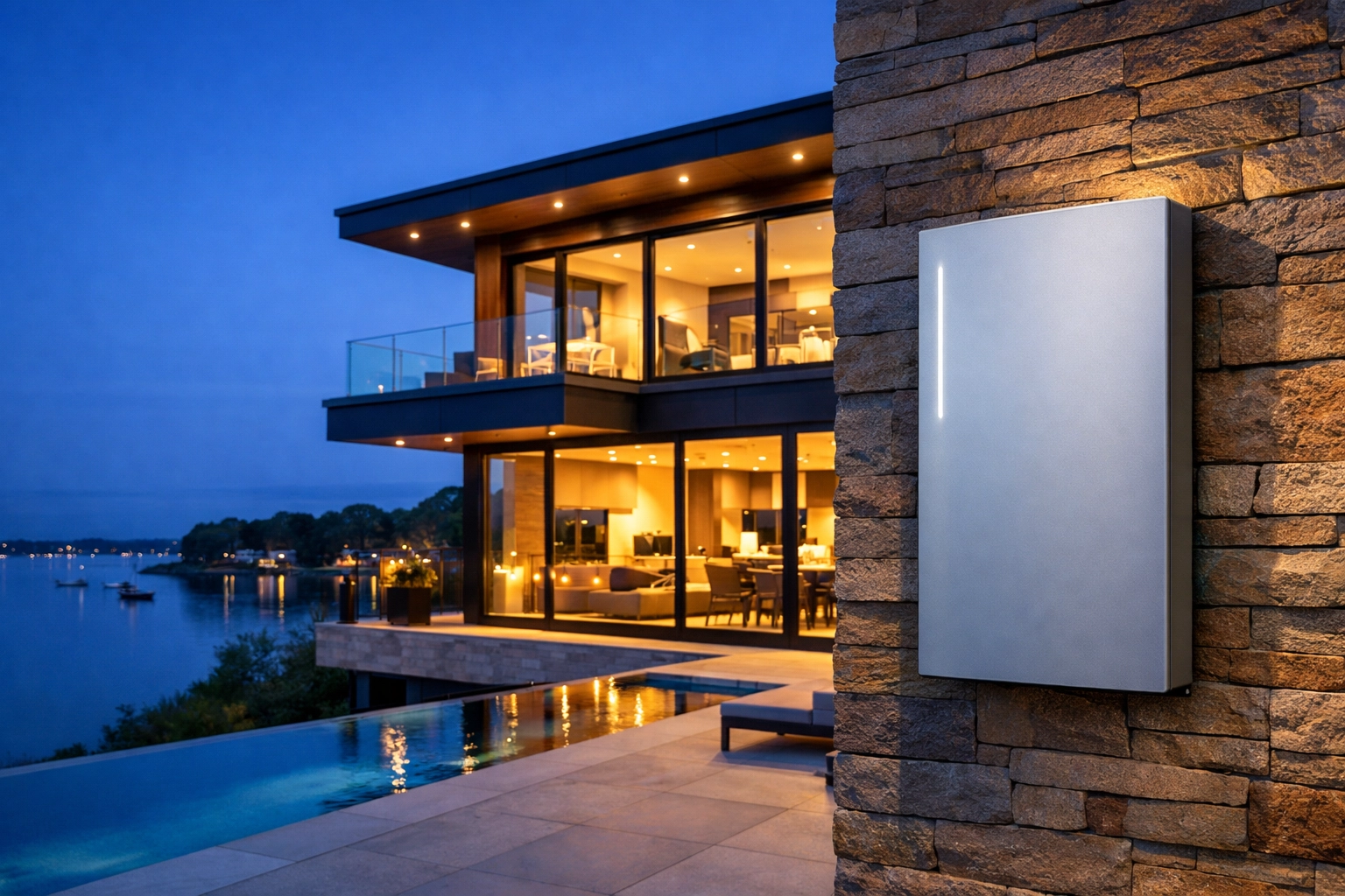 Solar energy storage unit mounted on a luxury Poole home exterior providing reliable backup power at night.