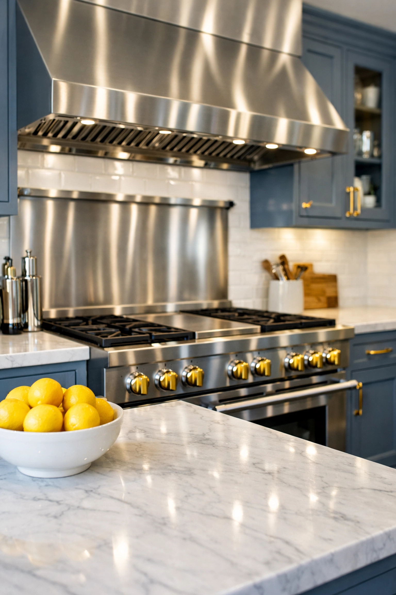 Spotless luxury kitchen with polished stainless steel stove and marble island after deep cleaning.