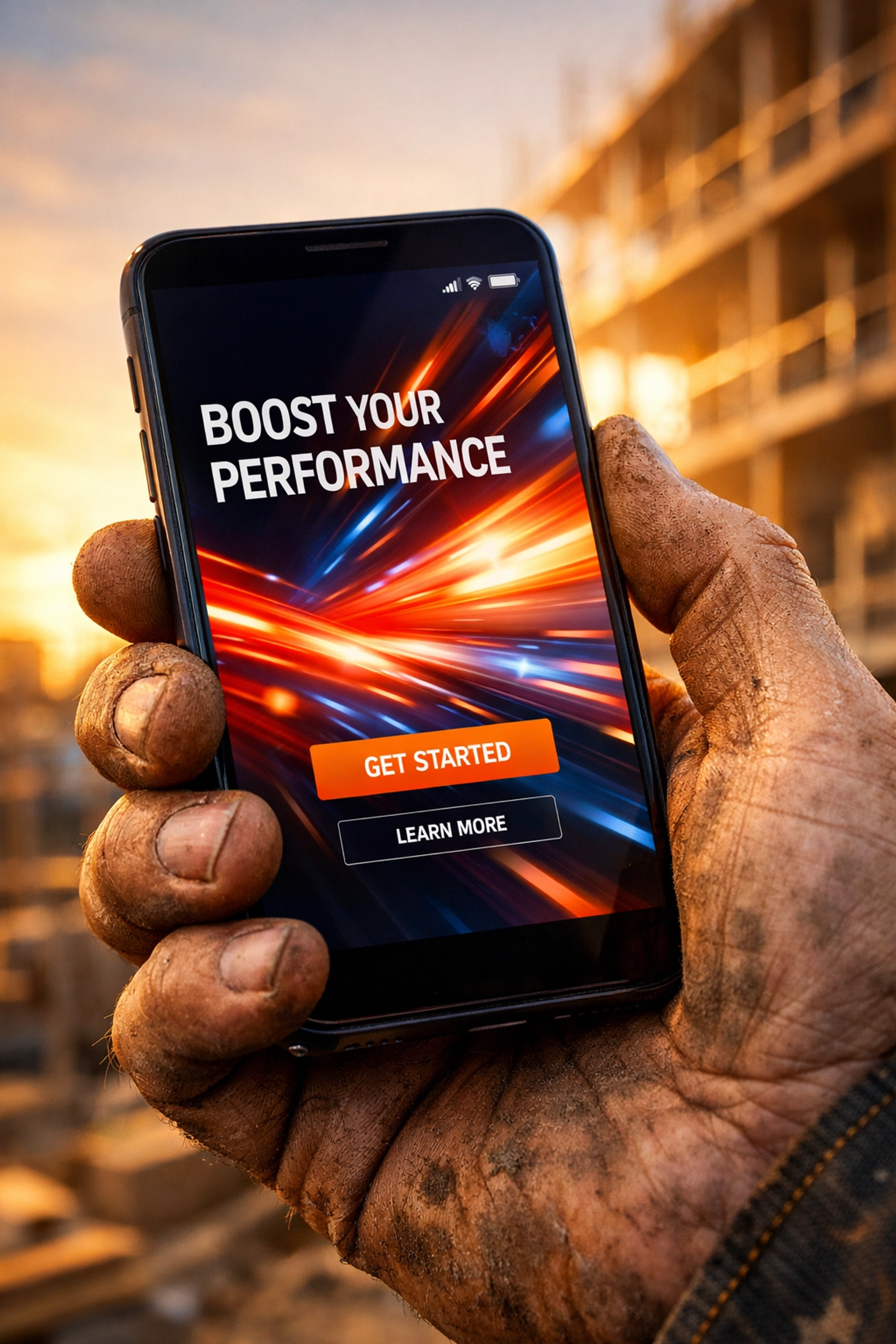 Professional web design for small business shown on a mobile device at a construction site.