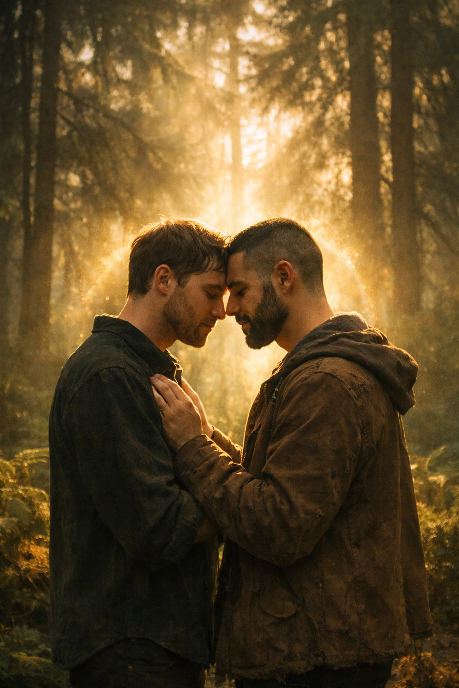 Two men sharing a spiritual moment in a forest, representing LGBTQ+ found family.