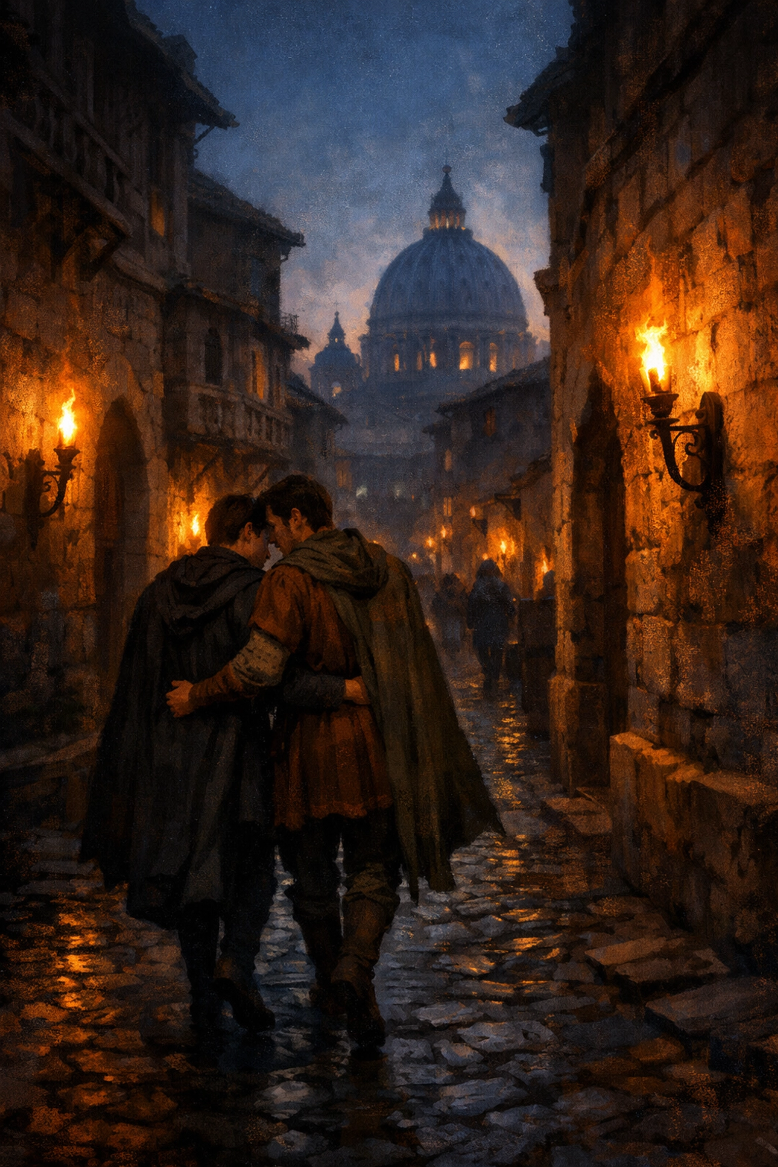 Two men walking intimately through medieval Rome representing secret gay clergy history