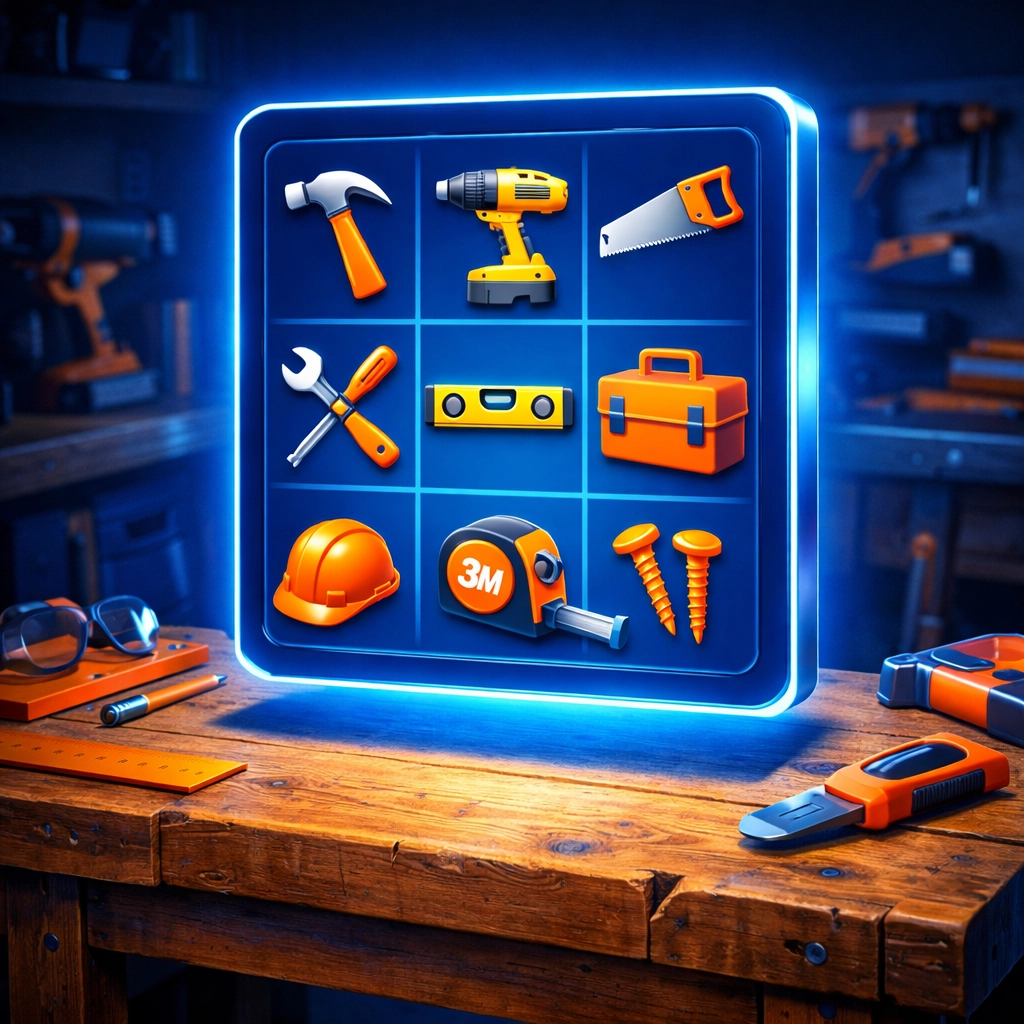 A digital marketplace on a tablet displaying construction tools and supplies for contractors.