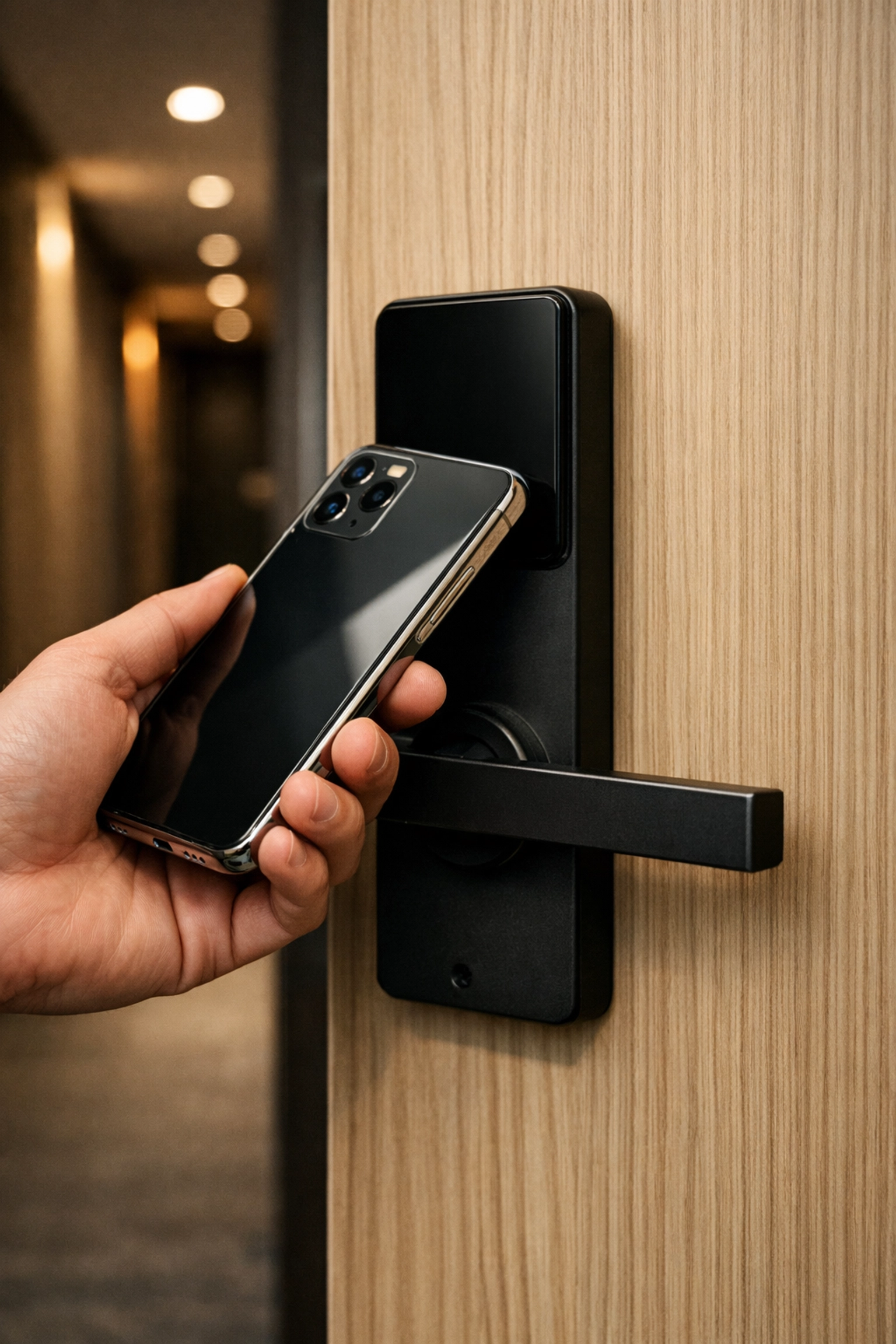 Guest unlocking a hotel room door using a mobile key on their smartphone for a contactless arrival.