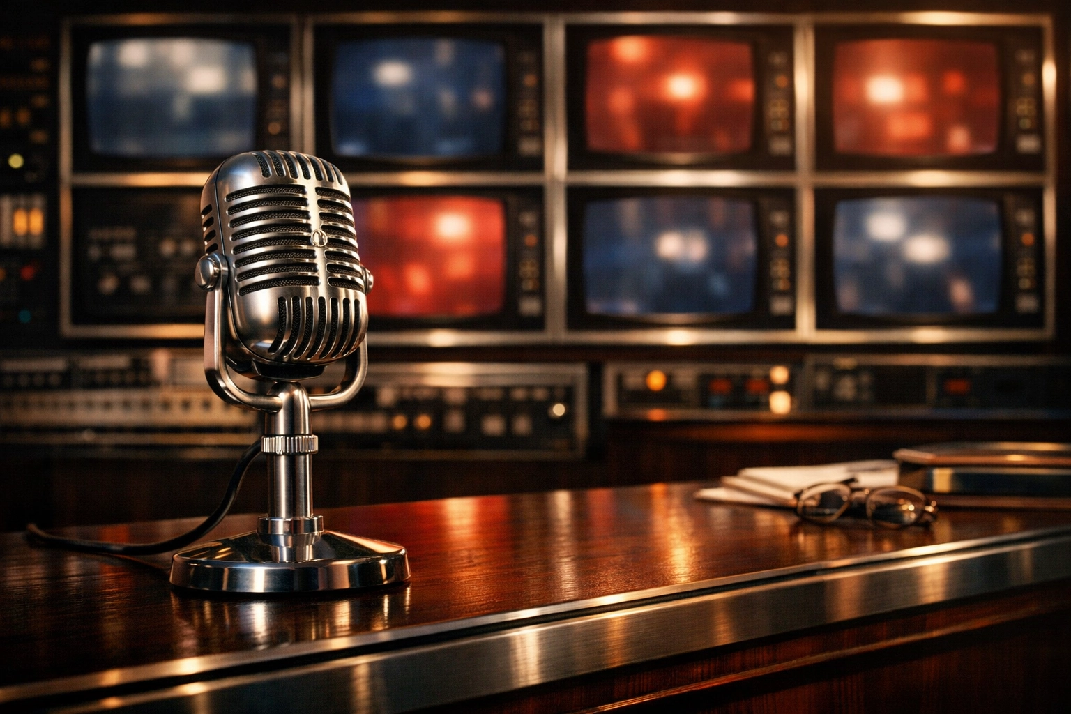 Vintage newsroom desk with a silver microphone and navy monitors, illustrating a biblical lens on current events.