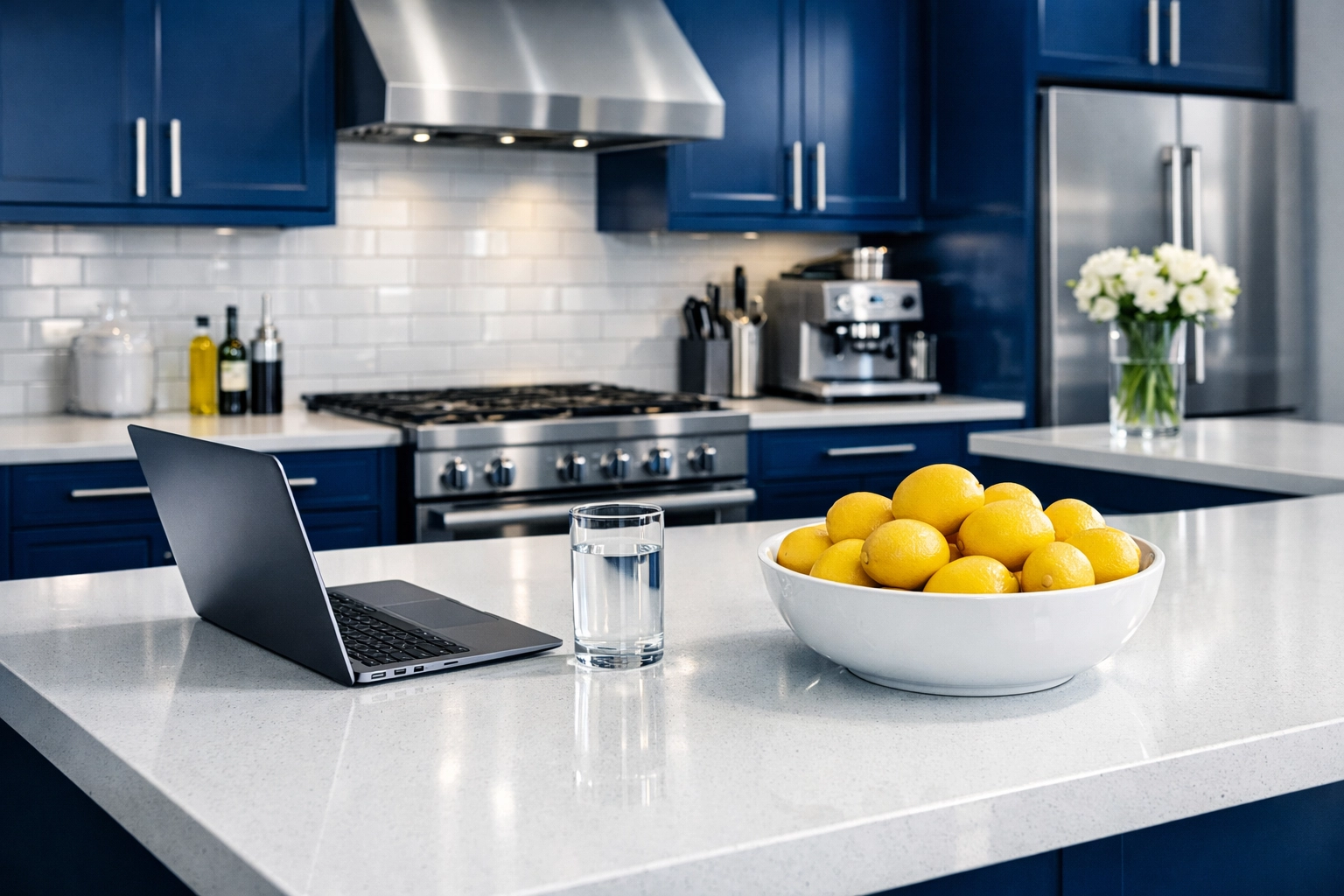 Organized executive kitchen workspace showing a high-performance lifestyle supported by weekly house cleaning.