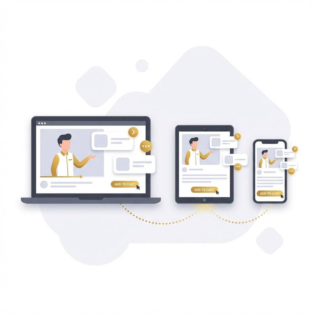Multiple devices display an interactive live shopping webinar, illustrating seamless shoppable video on any platform.
