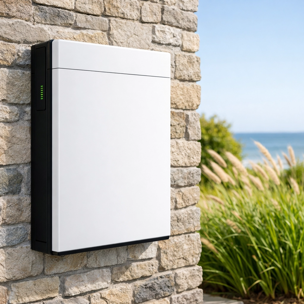 Durable wall-mounted home battery storage unit installed on the exterior of a coastal Dorset residence.
