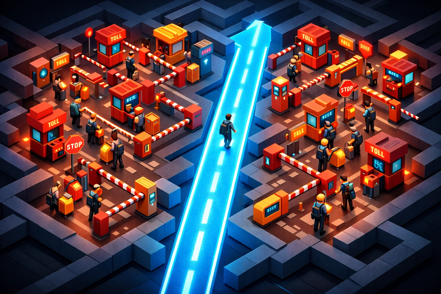 Crypto payment processor maze illustrating hidden fees and obstacles versus Larecoin's clear, direct path