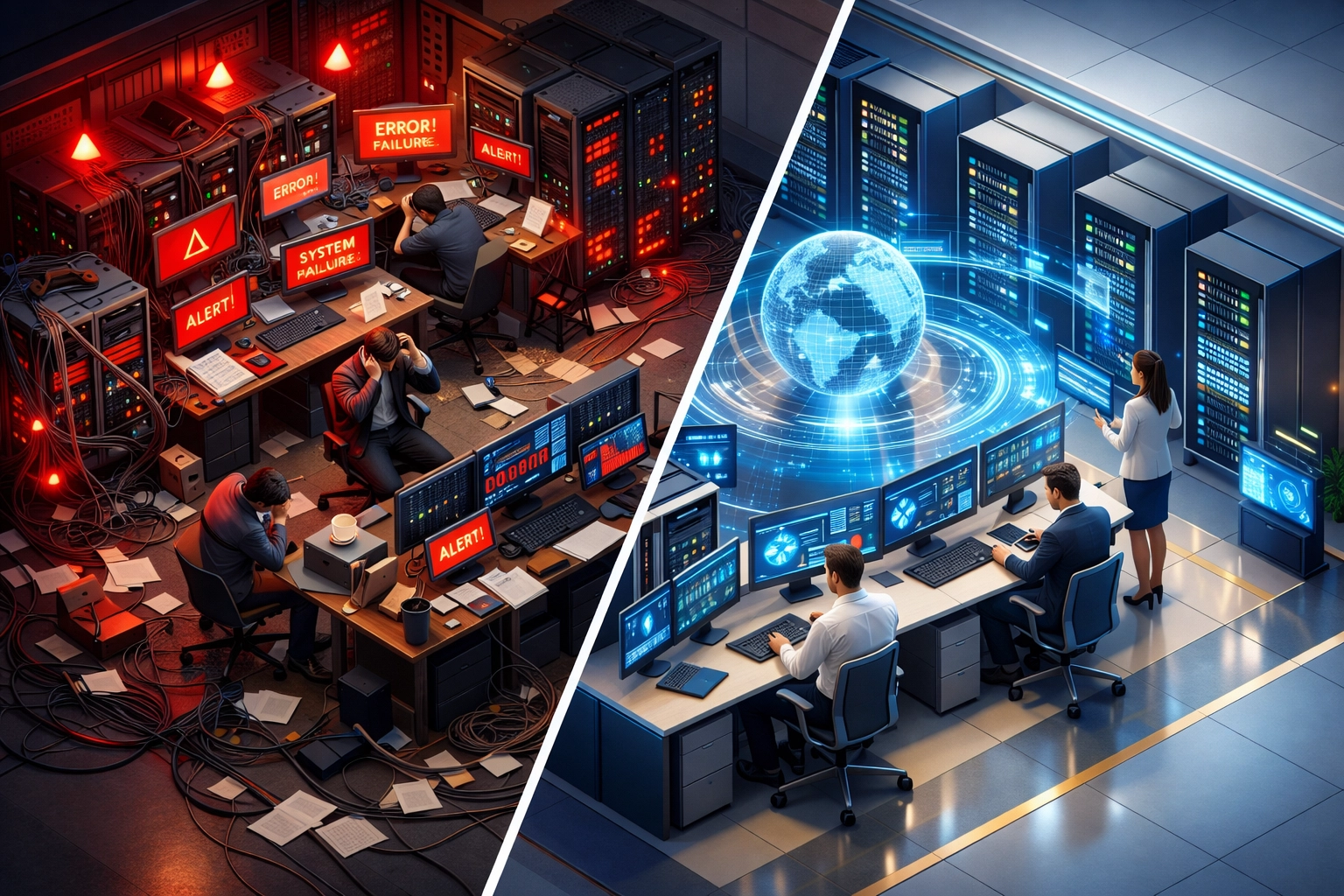 Traditional IT operations vs AI-powered ServiceNow ITOM automation showing cost reduction transformation