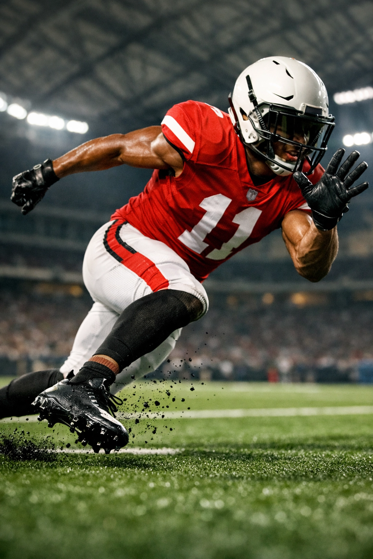 Wide receiver practicing an explosive release off the line of scrimmage during winter training.