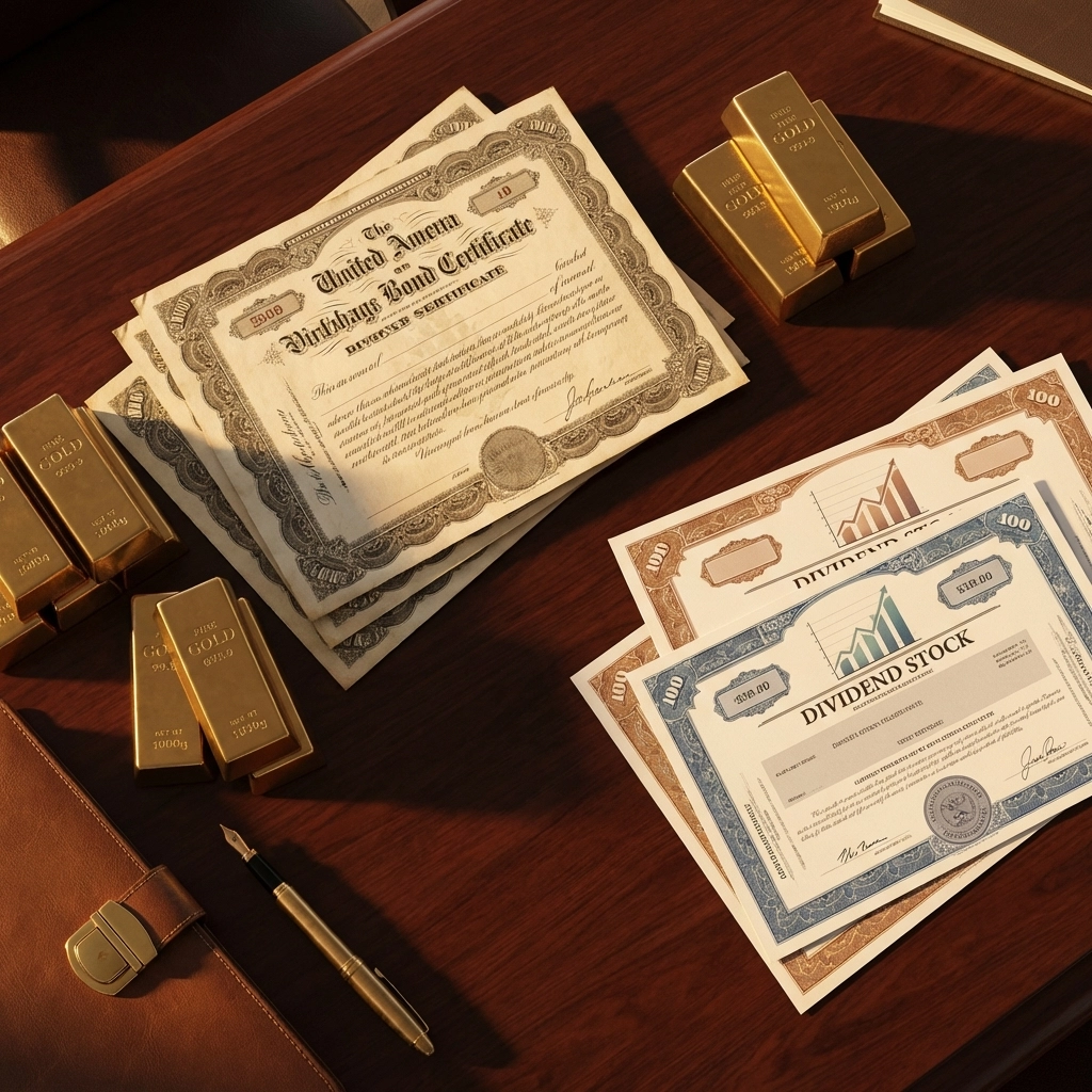 Gold bars, historic bonds, and dividend certificates illustrating stability and income generation