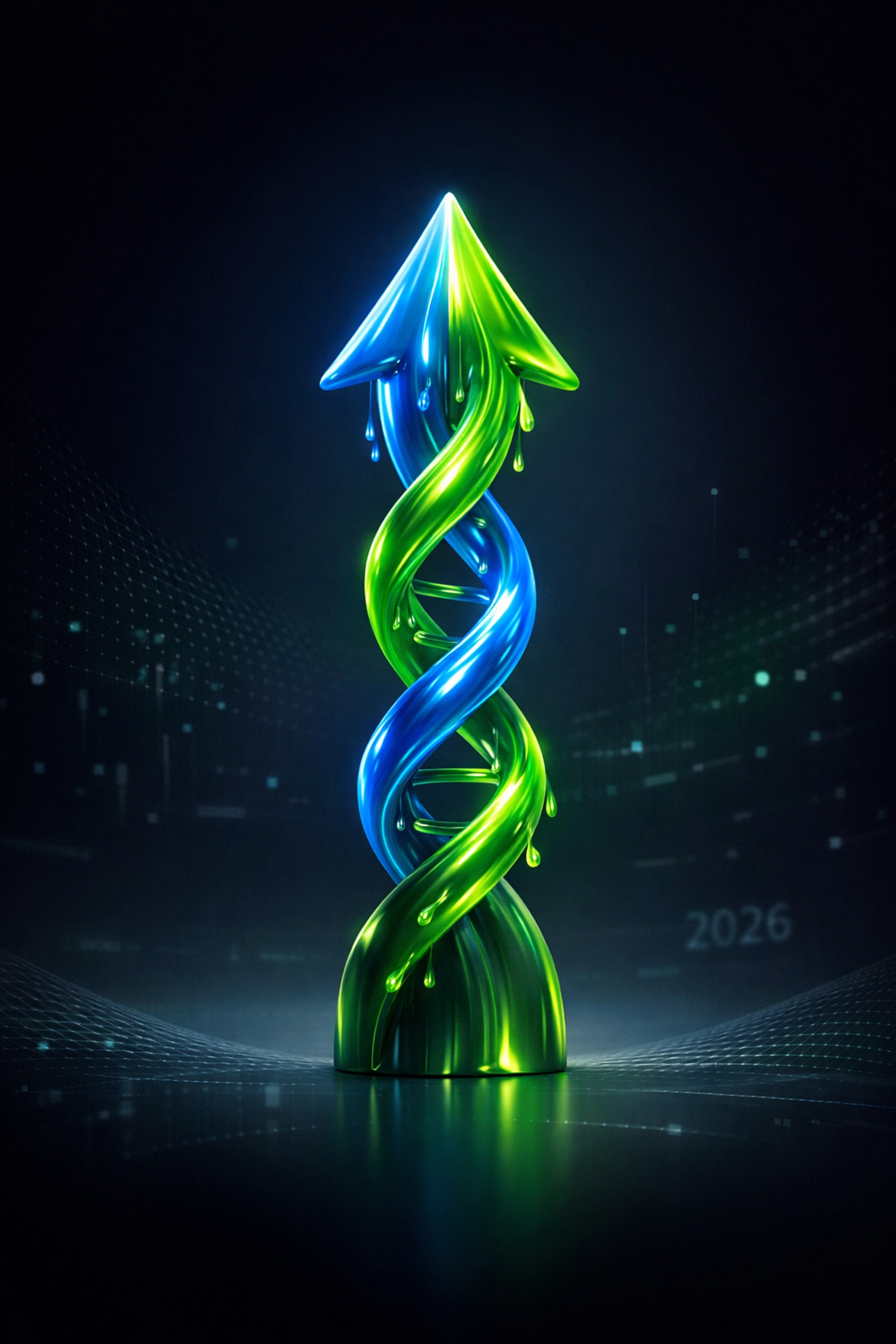 Intertwined light strands forming an arrow to illustrate a hybrid performance and organic marketing strategy.