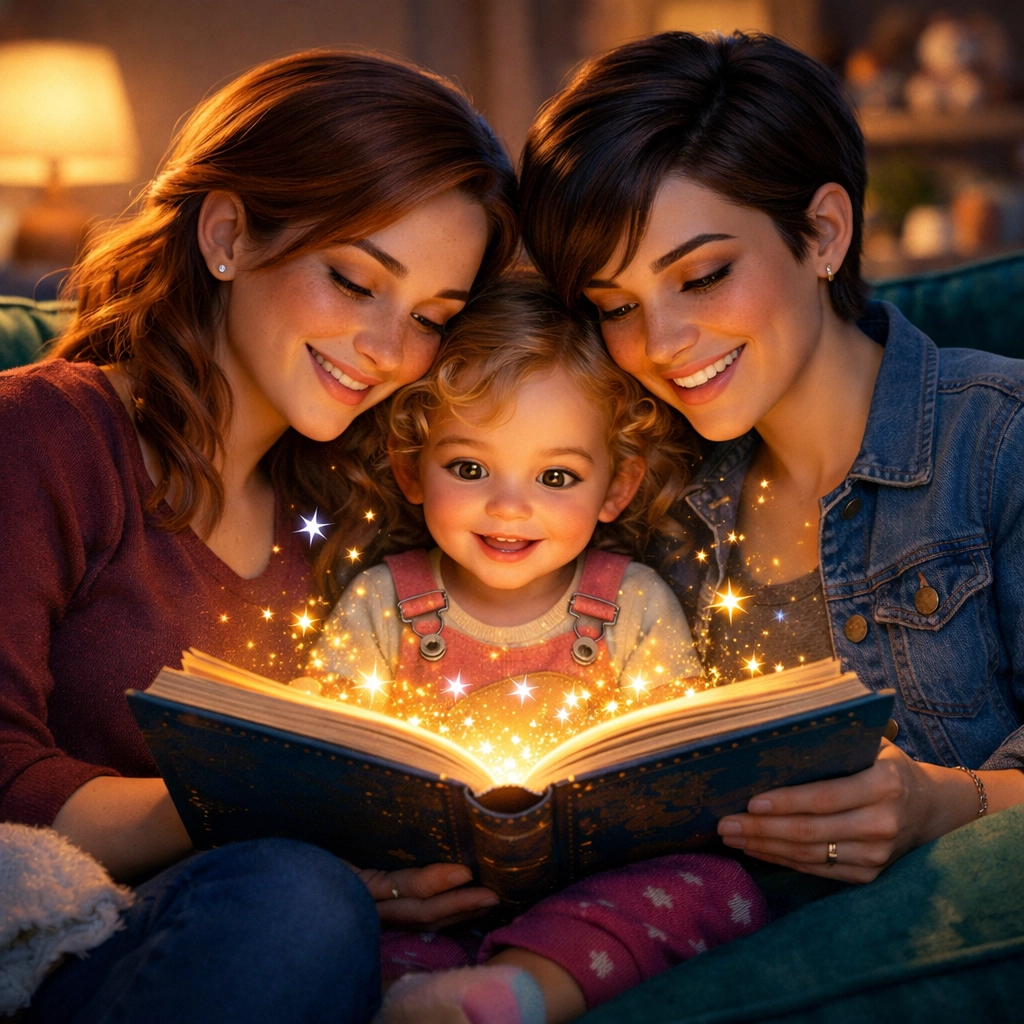 Two lesbian moms reading a magical storybook with their toddler on a cozy sofa.