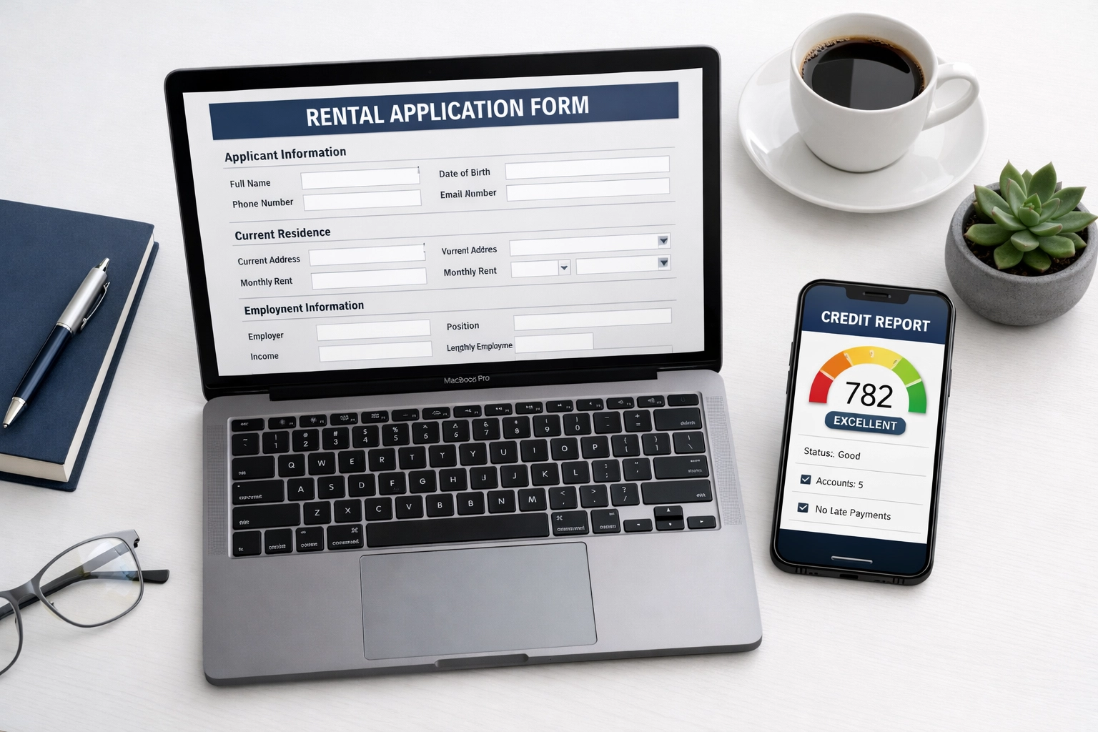 Rental application review showing credit report on laptop for tenant screening process