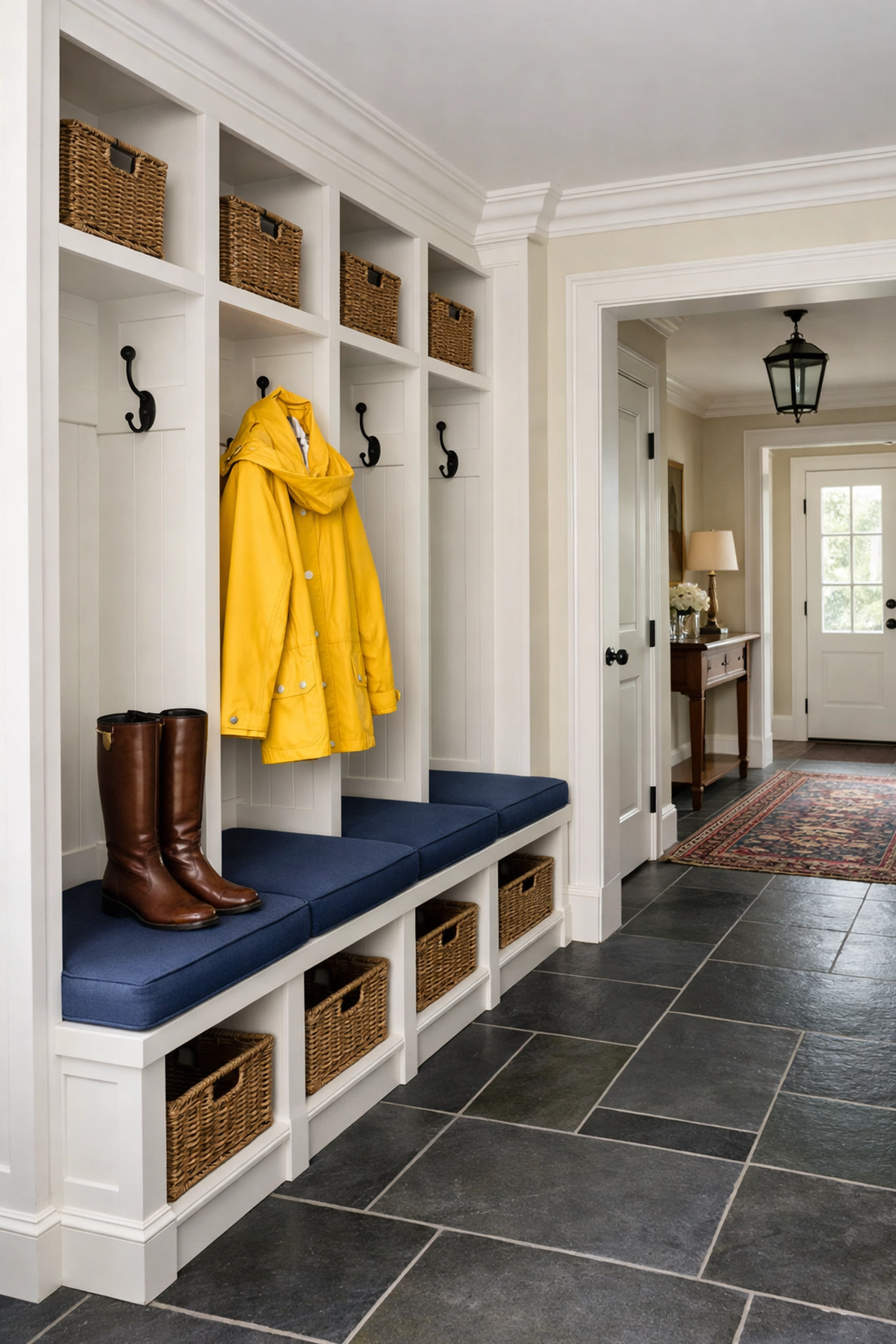 Scrubbed slate tile flooring in a luxury Dover mudroom using residential cleaning Massachusetts services.