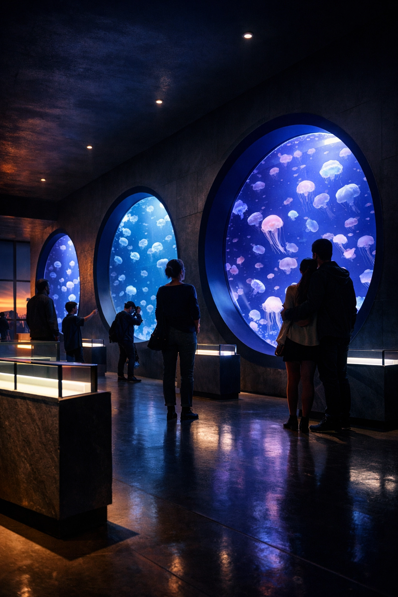 Modern aquarium jellyfish exhibit showing visitors in an immersive, high-end branded visitor experience environment.