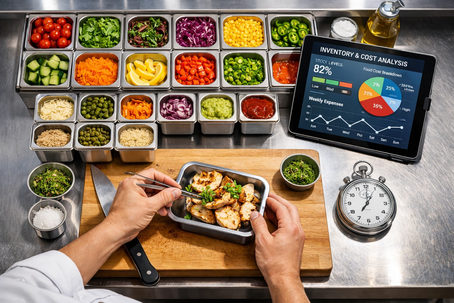 Organized restaurant kitchen prep station with efficient mise en place and inventory management technology