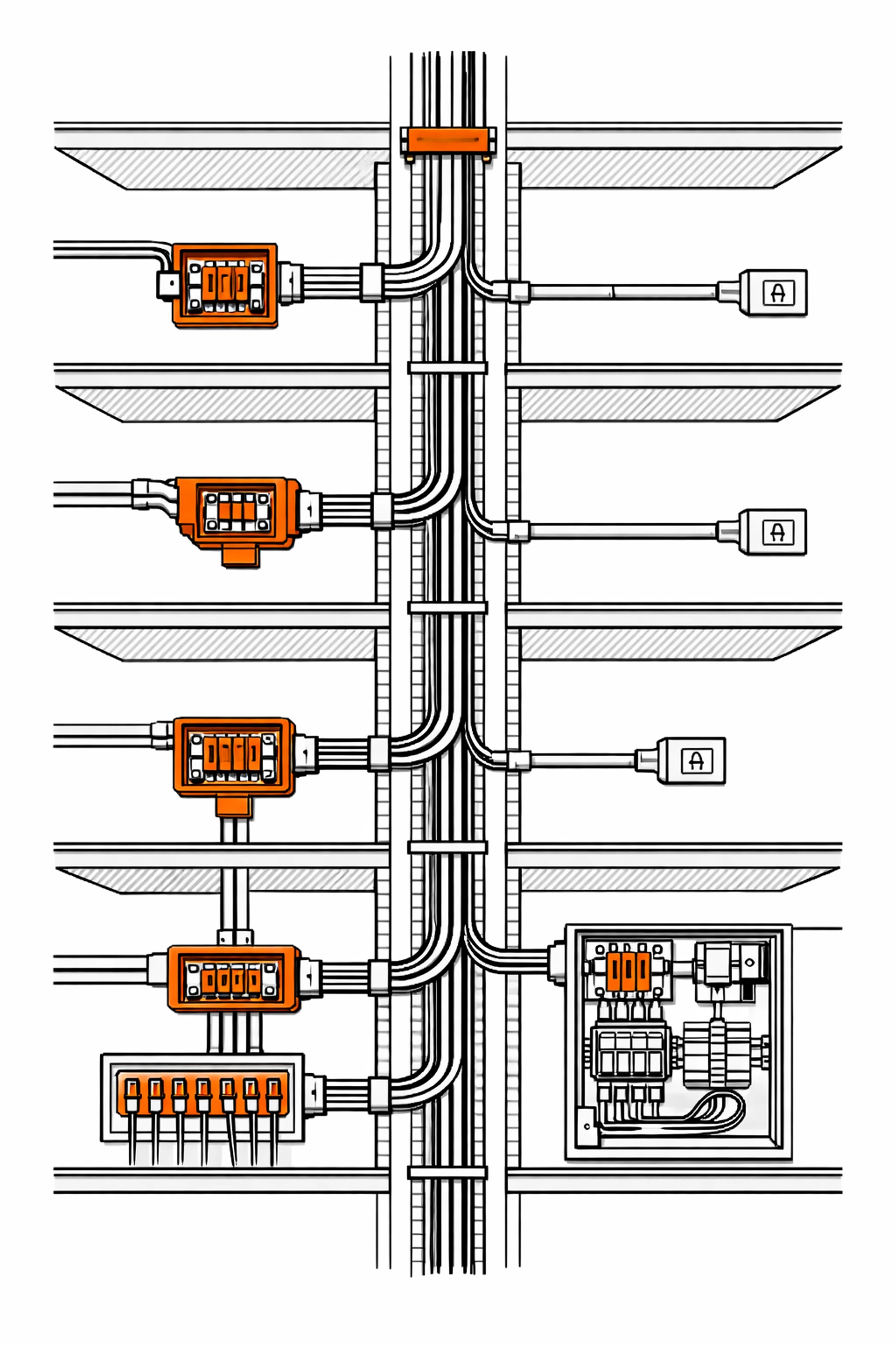 Technische Zeichnung von Steigleitungen für Elektroinstallationen im Wiener Altbau.