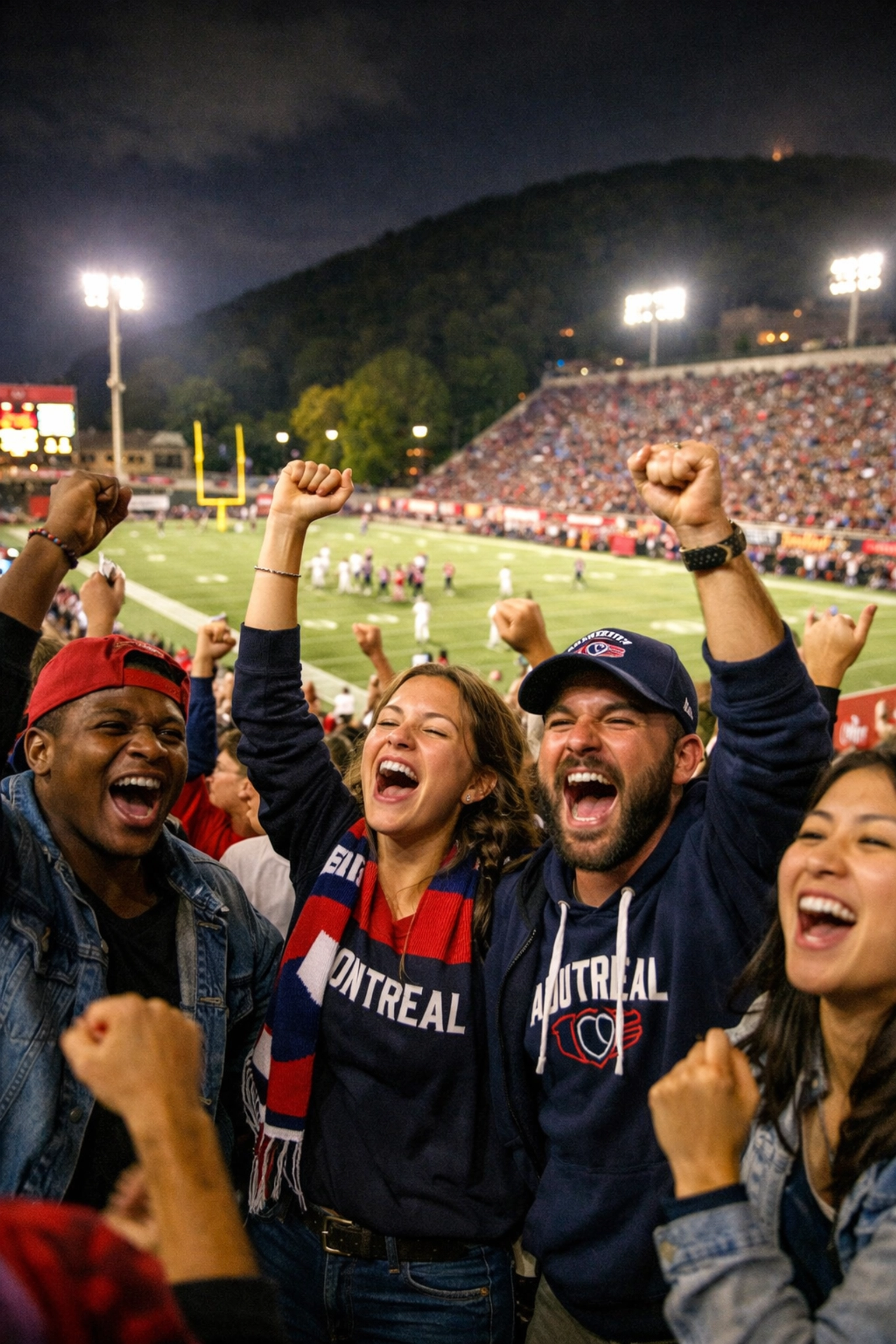 Enthusiastic Montreal Alouettes fans cheering from the stands during a night football game.