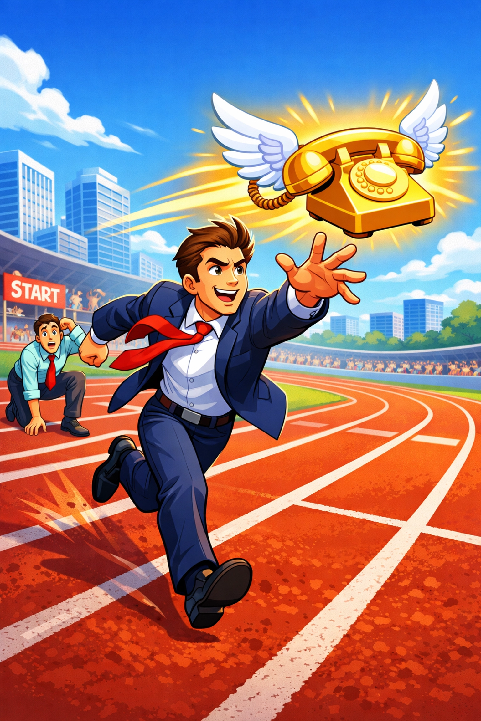 Business professional sprinting to catch a phone, beating competitors with fast lead response times.