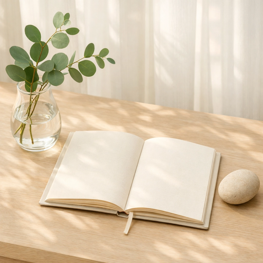 Minimalist desk with a journal and eucalyptus, representing a proactive mental health tune-up and reflection.