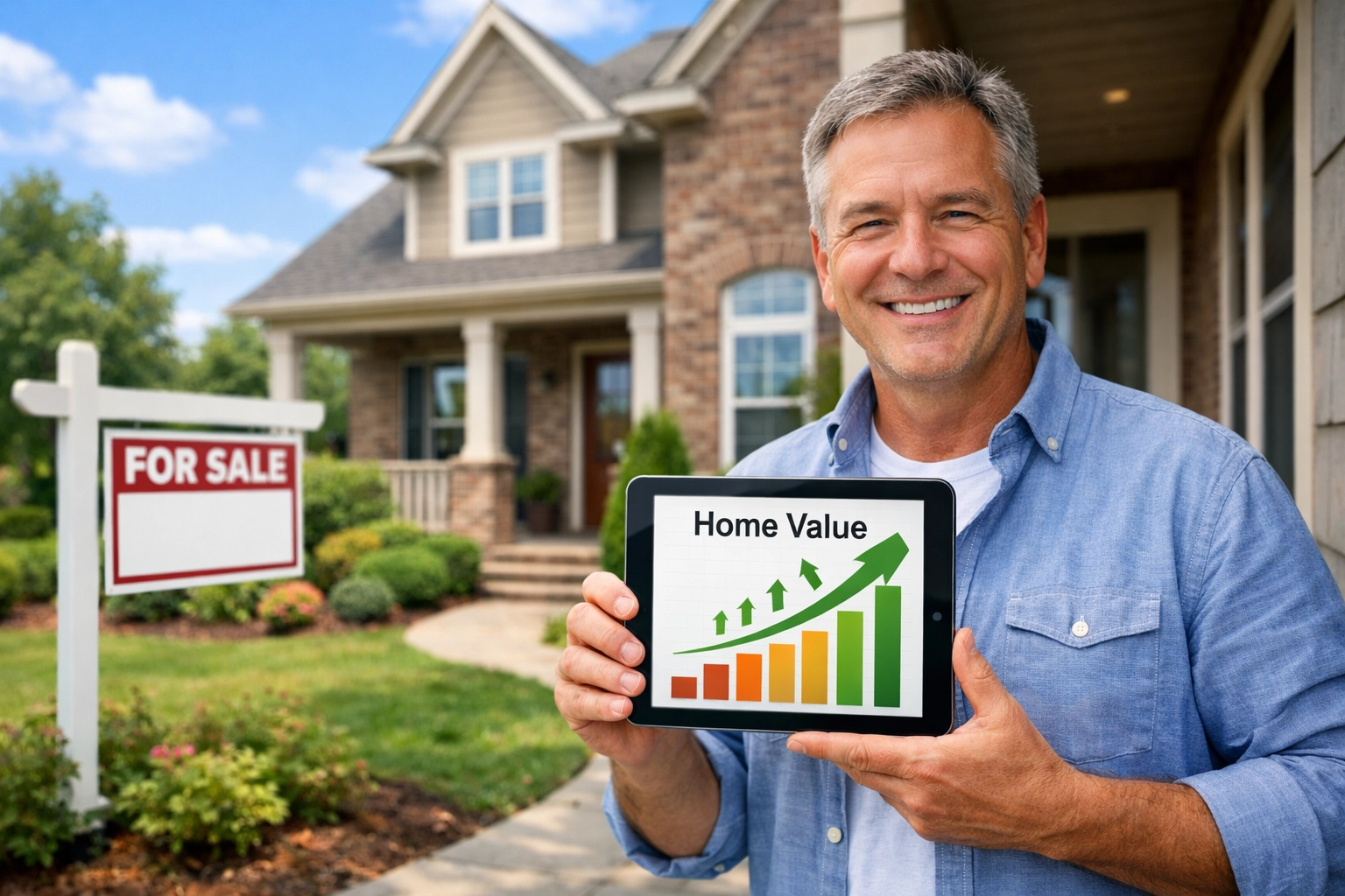 Triad NC homeowner checking rising home equity value on tablet with For Sale sign