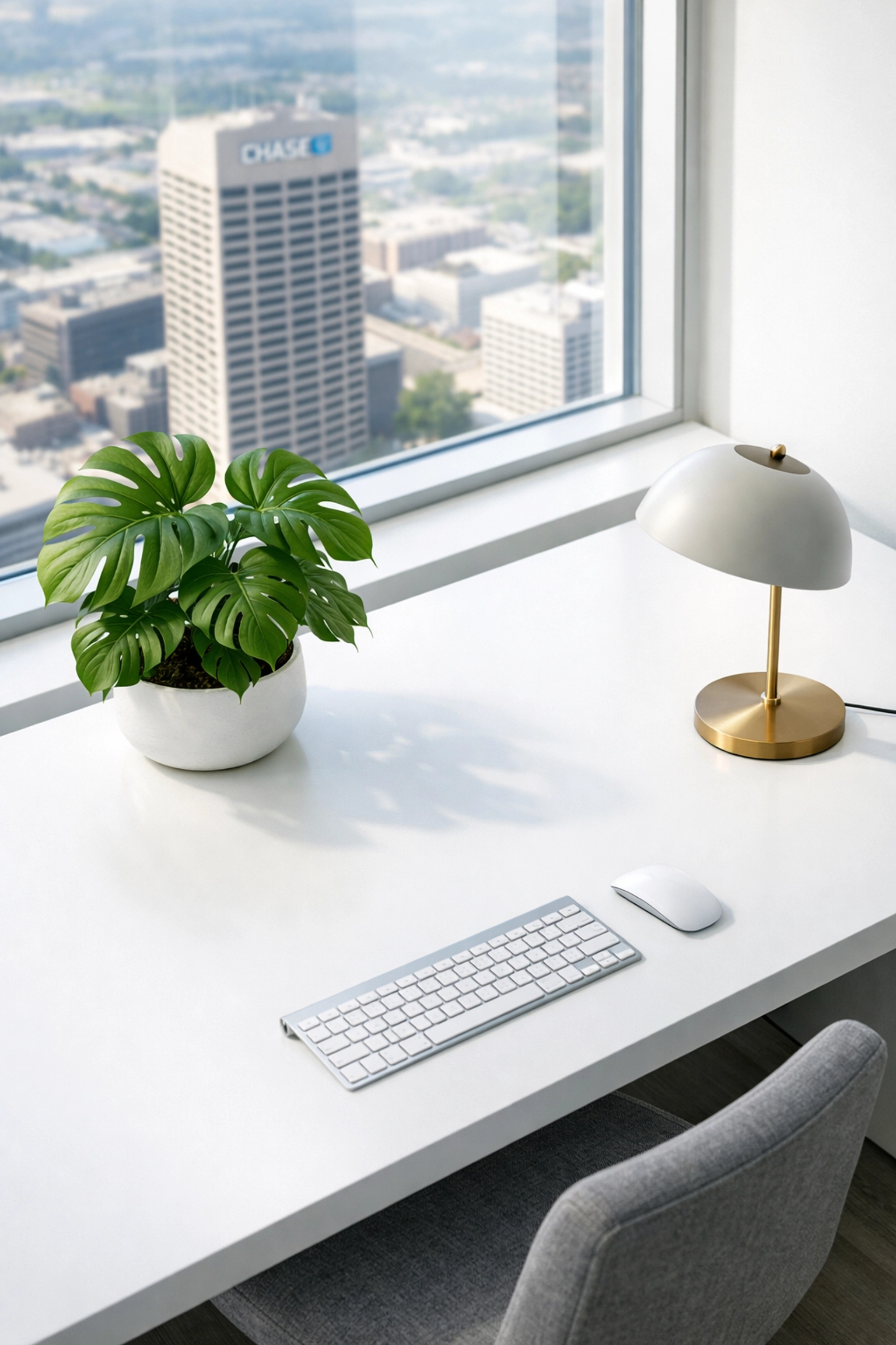 Minimalist Indianapolis office workstation featuring dust-free surfaces and natural light for meetings.
