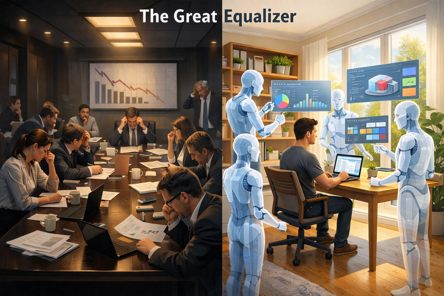 A comparison of a traditional corporate boardroom versus a small business owner using an AI agentic team.