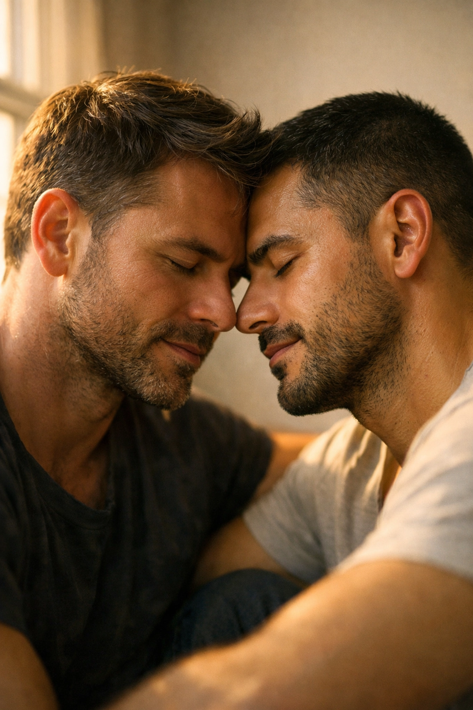 Two men sharing an intimate, emotional breakthrough moment in a contemporary MM romance setting.