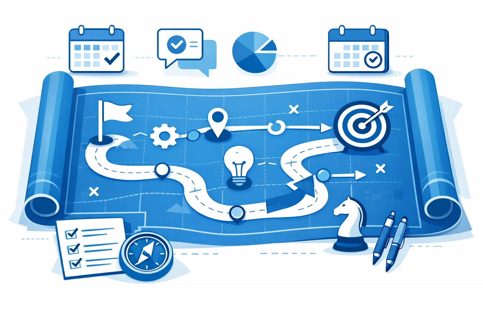SEO strategy roadmap with content planning calendar and goal-setting flowchart
